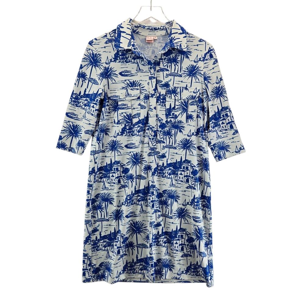 Persifor Shirt Dress Womens Medium Blue White Boats‎ Tropical Coastal Resort USA